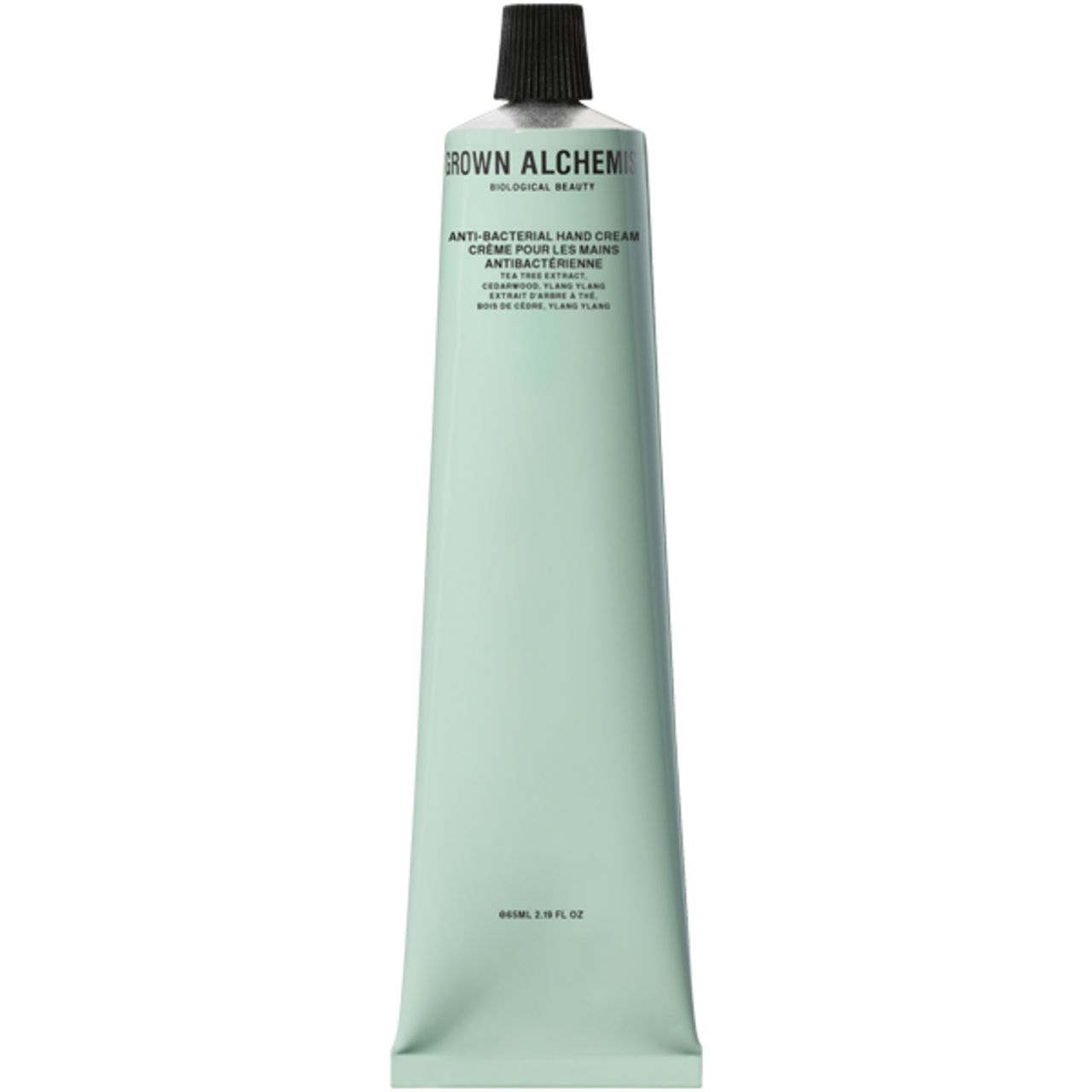 Tubo verde chiaro con tappo nero. Scritta: Grown Alchemist, Anti-Bacterial Hand Cream. Nome del prodotto e ingredienti.