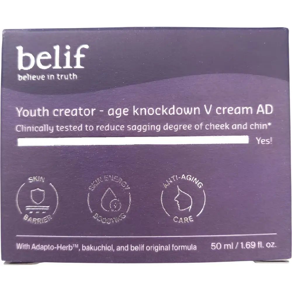 Confezione di Belif Youth Creator Age Knockdown V Cream con icone per barriera cutanea, energia e anti-età.