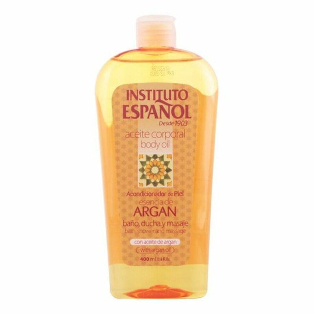 Olio corpo Instituto Español, Argan. Bottiglia con liquido giallo. Scritta: aceite corporal body oil, Argan, con aceite de argan.