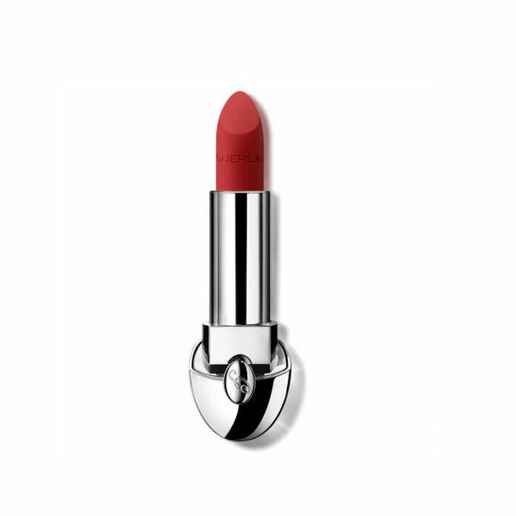 Rossetto rosso, astuccio argento. Logo Guerlain sulla base. Aperto, prodotto visibile.