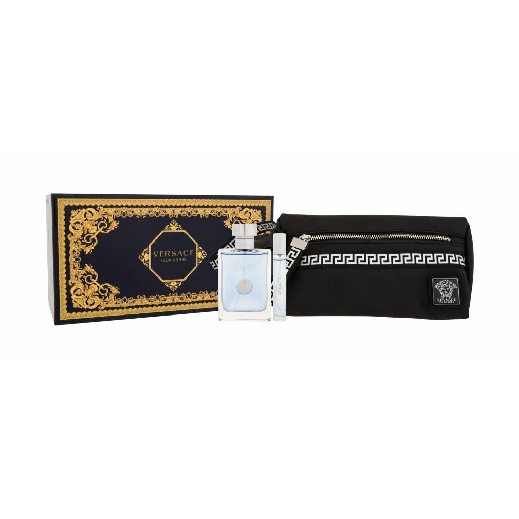 Set regalo con scatola blu, trousse nera, flacone e vaporizzatore. Logo Versace su scatola e trousse.