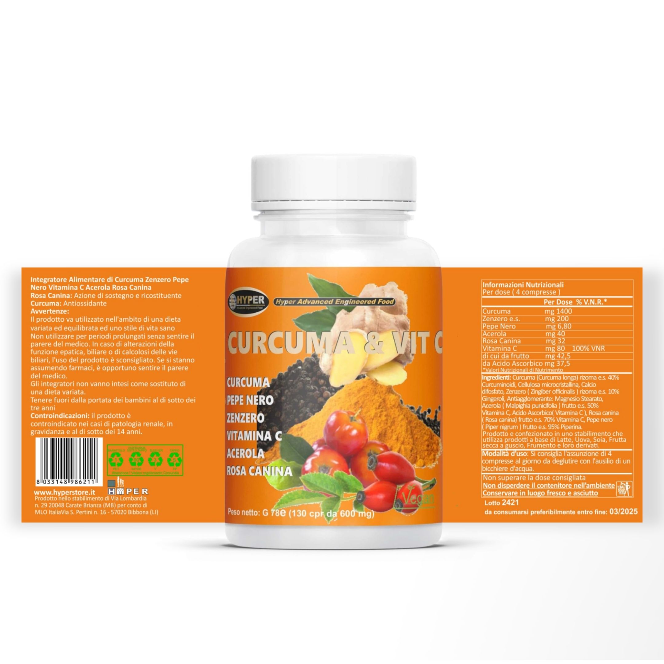 Flacone bianco di compresse con testo. Testo: Curcuma & Vit C. Etichetta del prodotto con informazioni.