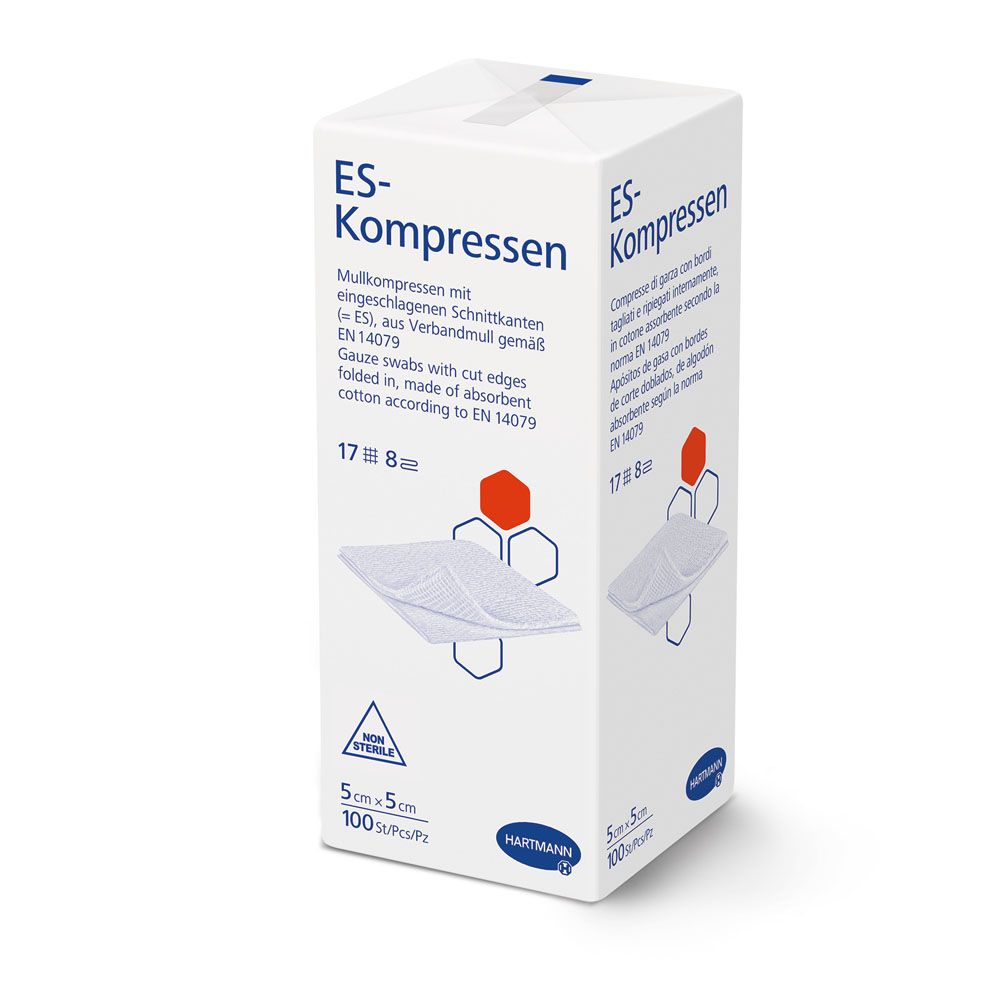 Confezione di ES-Kompressen. Scritte: nome prodotto, descrizione, dimensioni, quantità, logo produttore. Garze di cotone.