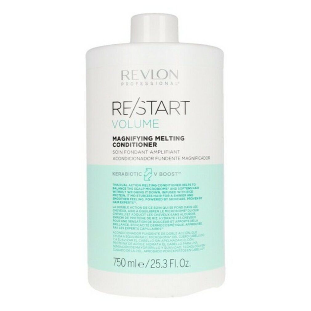 Flacone bianco con etichetta. Testo: Revlon Professional Re/Start Volume Magnifying Melting Conditioner. 750 ml.