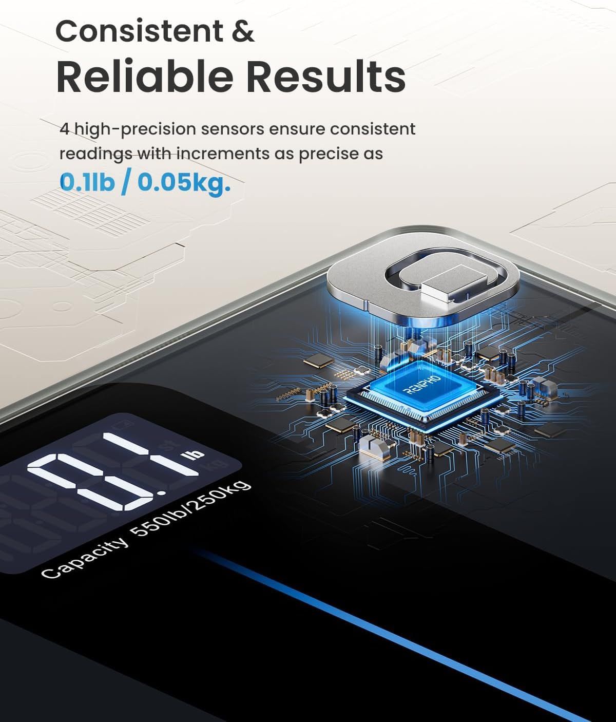 Bilancia digitale. 4 sensori per misurazioni precise. Incrementi di 0,1 lb / 0,05 kg. Design nero con display.