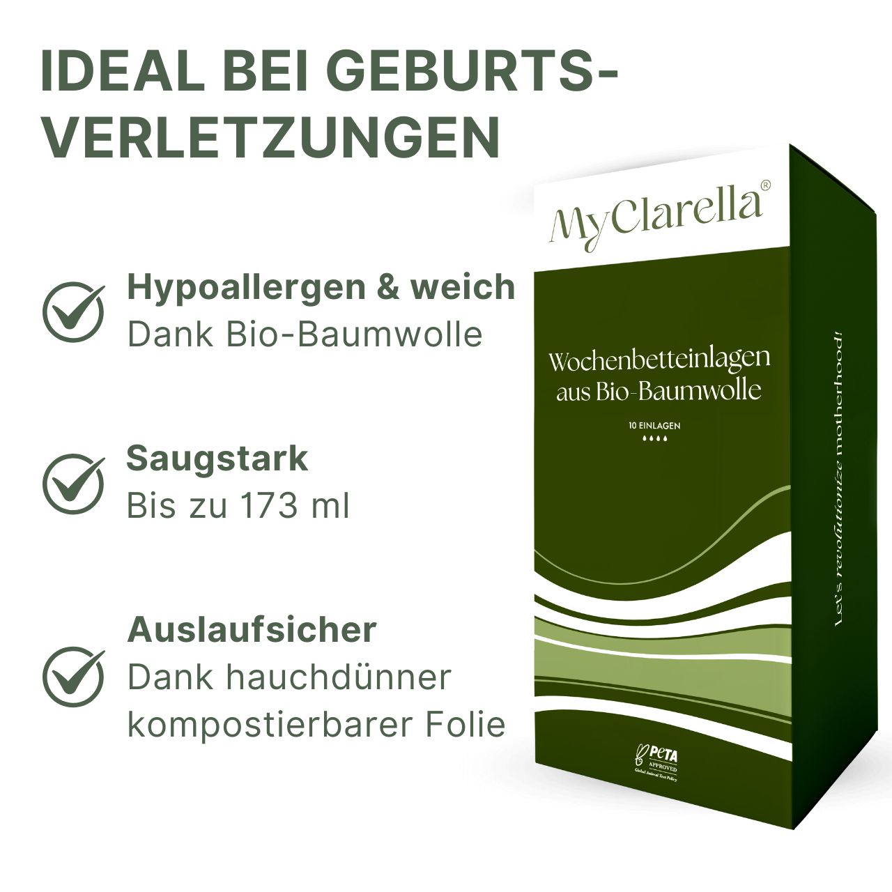 Confezione MyClarella® per assorbenti post-parto. Verde e bianco. Ideale per lesioni post-parto. Ipoallergenico.