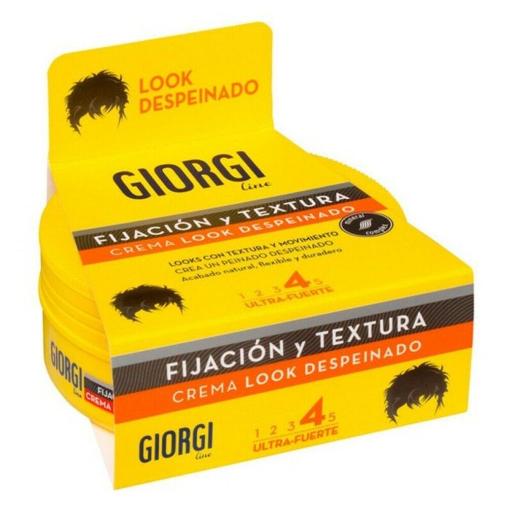Confezione gialla con testo: GIORGI Line, Fijaion y Textura, Look Despeinado. Forza 4. Più confezioni impilate.