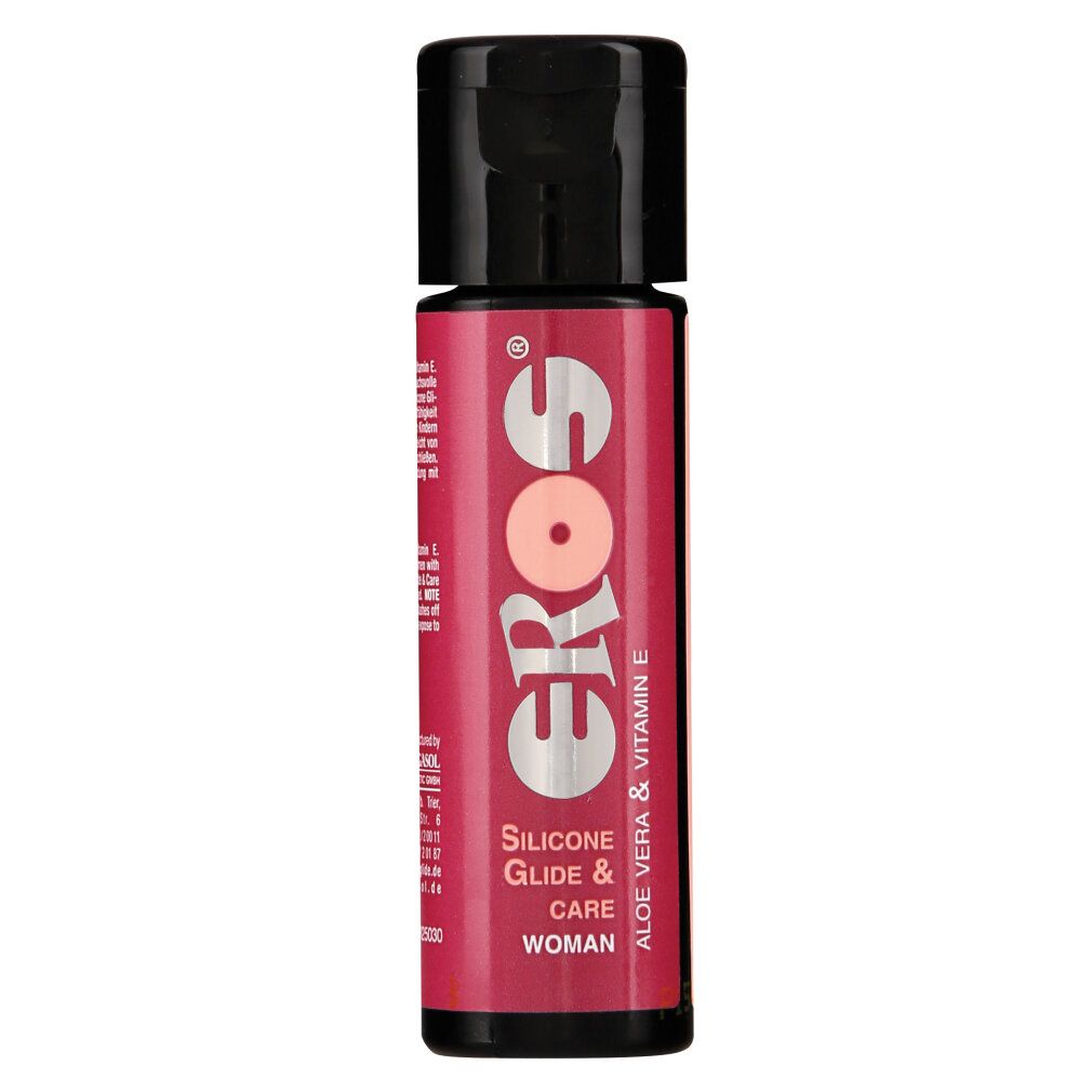 Flacone con tappo nero ed etichetta rosa. Scritta: EROS, Silicone Glide & Care, Aloe Vera & Vitamina E, WOMAN.