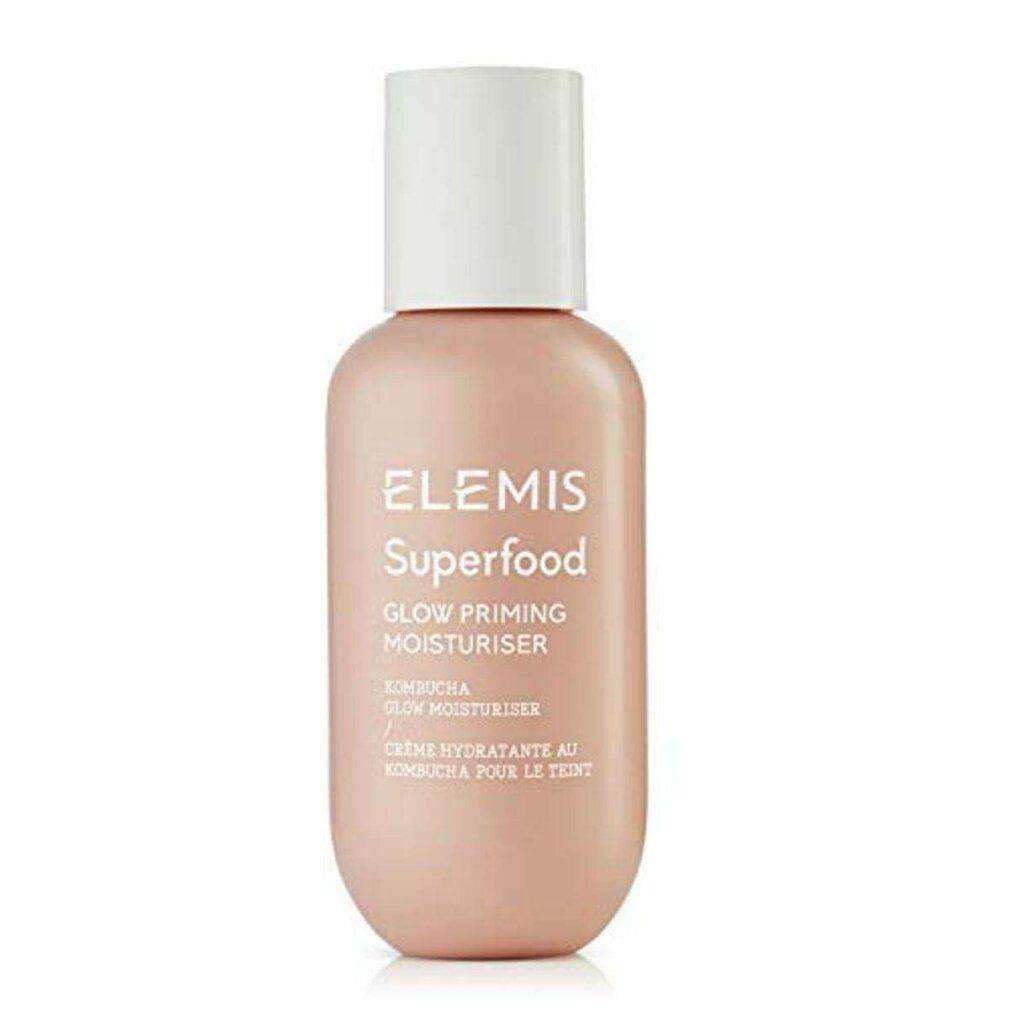 Bottiglia rosa Elemis Superfood Glow Priming Moisturiser. Tappo bianco, nome e descrizione del prodotto visibili.