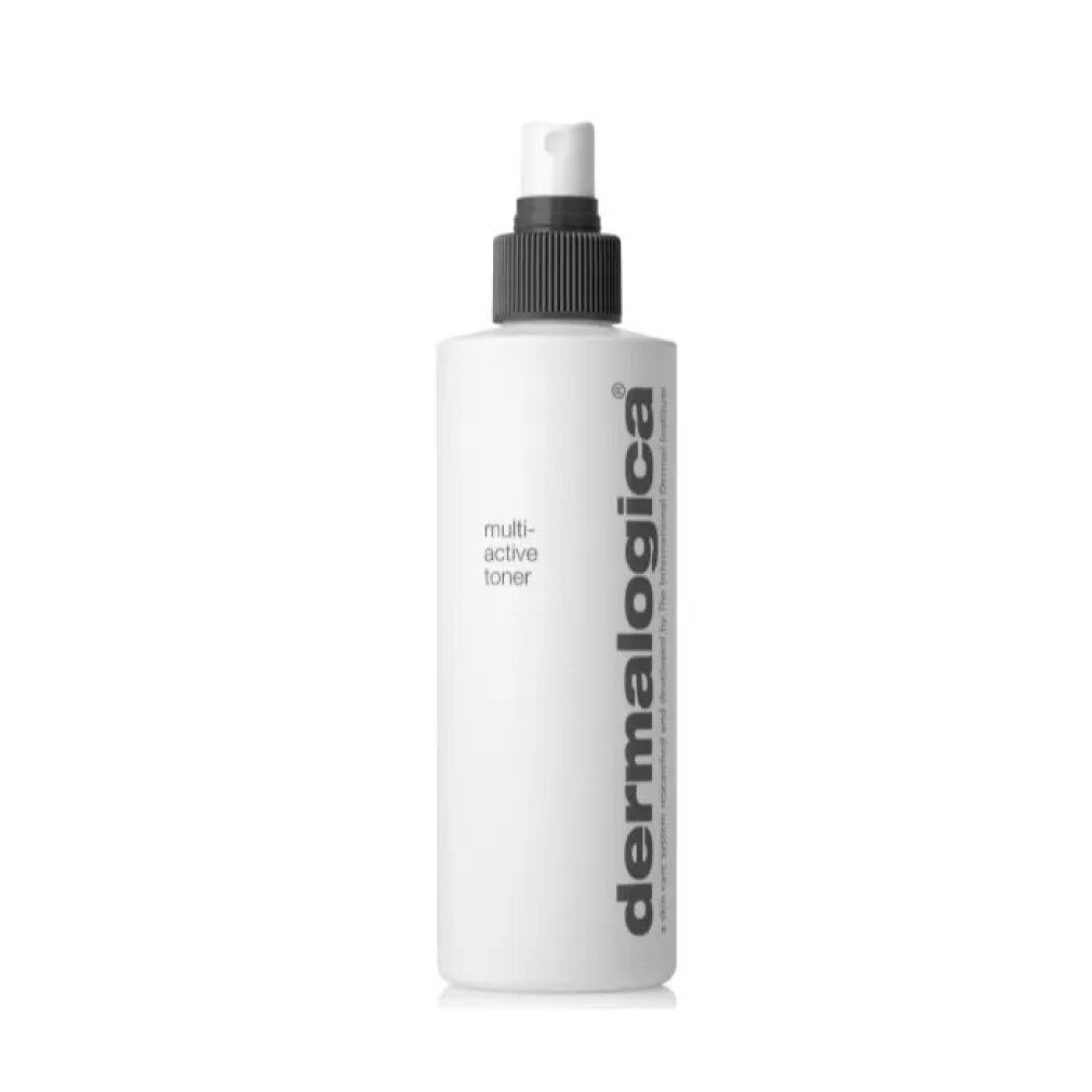 Flacone bianco con vaporizzatore. Scritta: multi-active toner e Dermalogica. 8.4 fl.oz/250 ml.