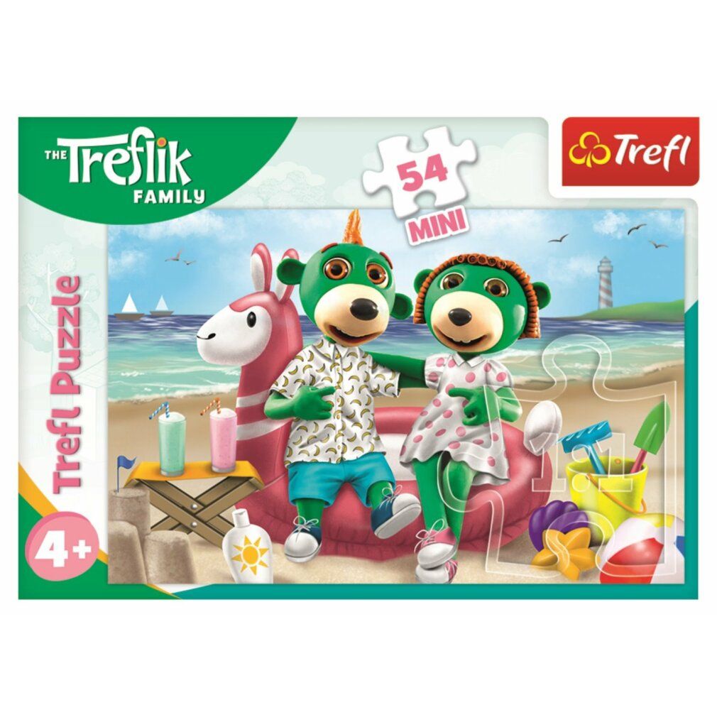 Puzzle Trefl, 54 pezzi. Confezione con puzzle Treflings: Sulla spiaggia. Personaggi, salvagente rosa, logo.