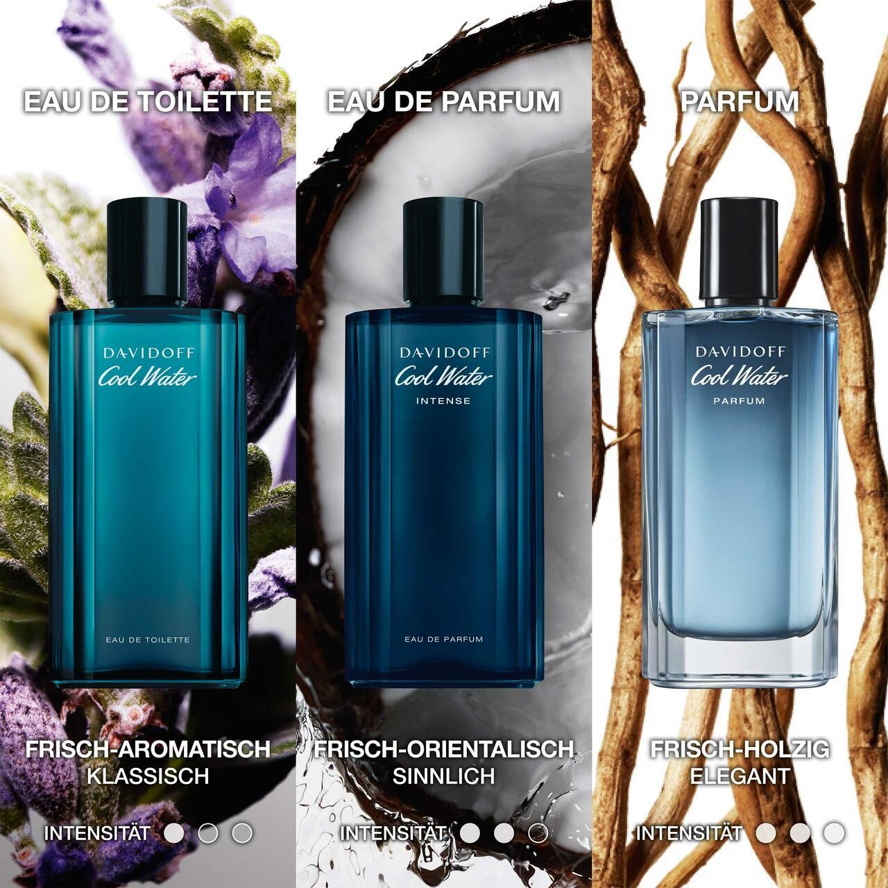 Tre flaconi Davidoff Cool Water. Eau de Toilette, Eau de Parfum, Parfum. Colori e profumi diversi. Sfondo: legno e cocco.