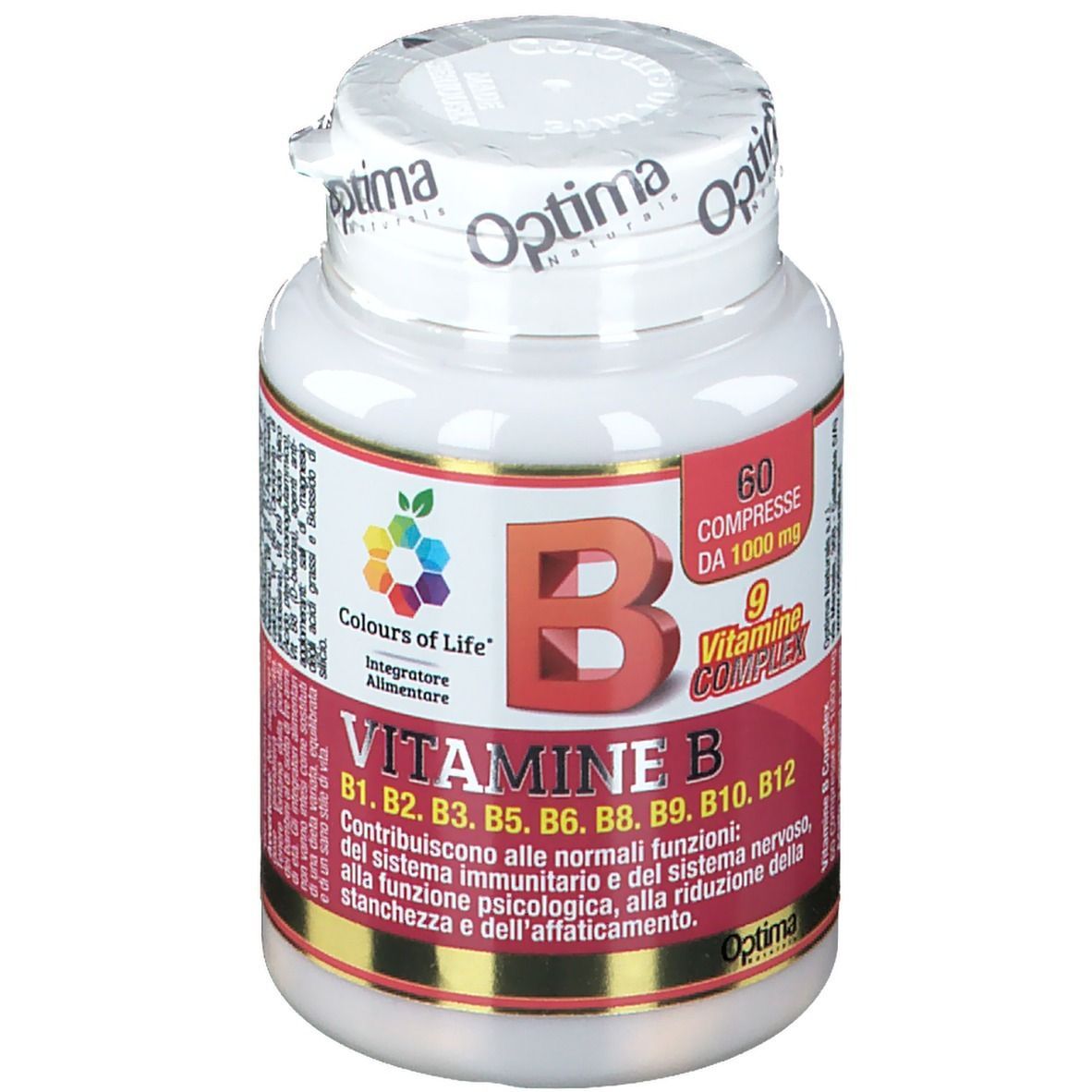 Flacone bianco con etichetta rossa. Scritta: Vitamina B Komplex. 60 compresse, 1000 mg. Marchio: Colours of Life.