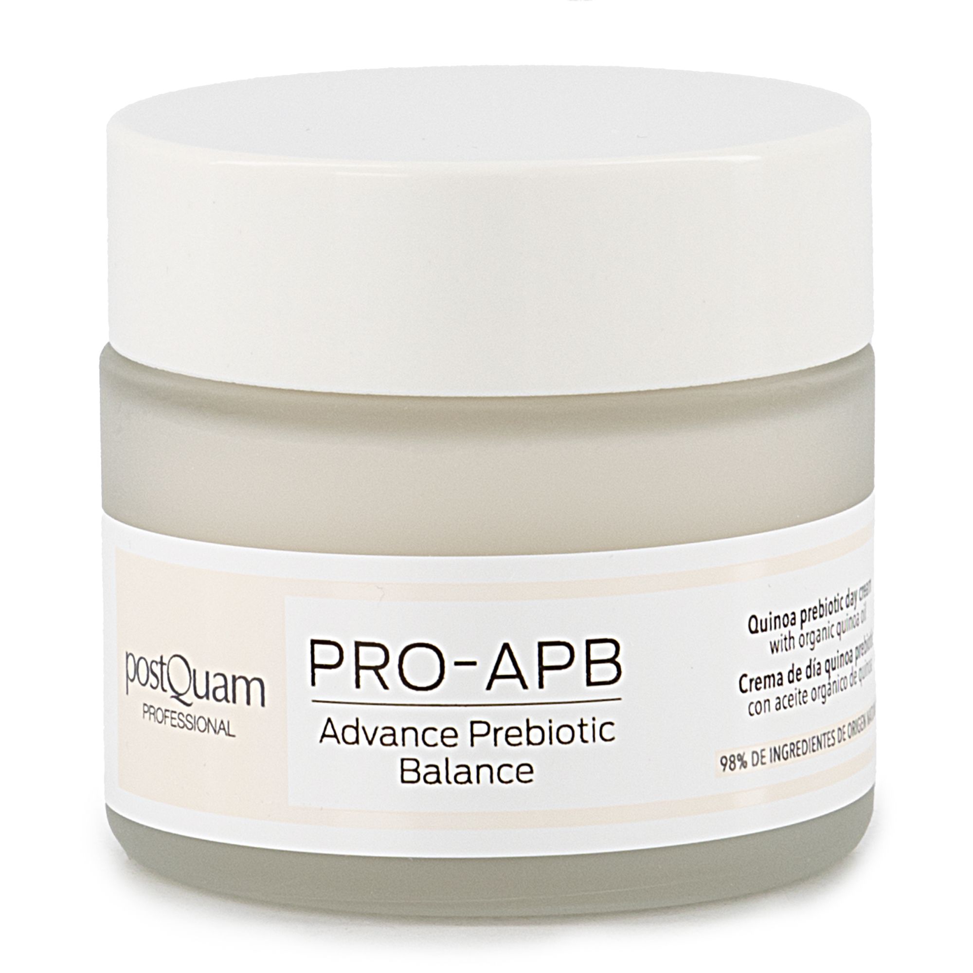 Vasetto di crema con coperchio. Scritta: PRO-APB Advance Prebiotic Balance. Marchio: postQuam. Testo: Quinoa prebiotic day cream.