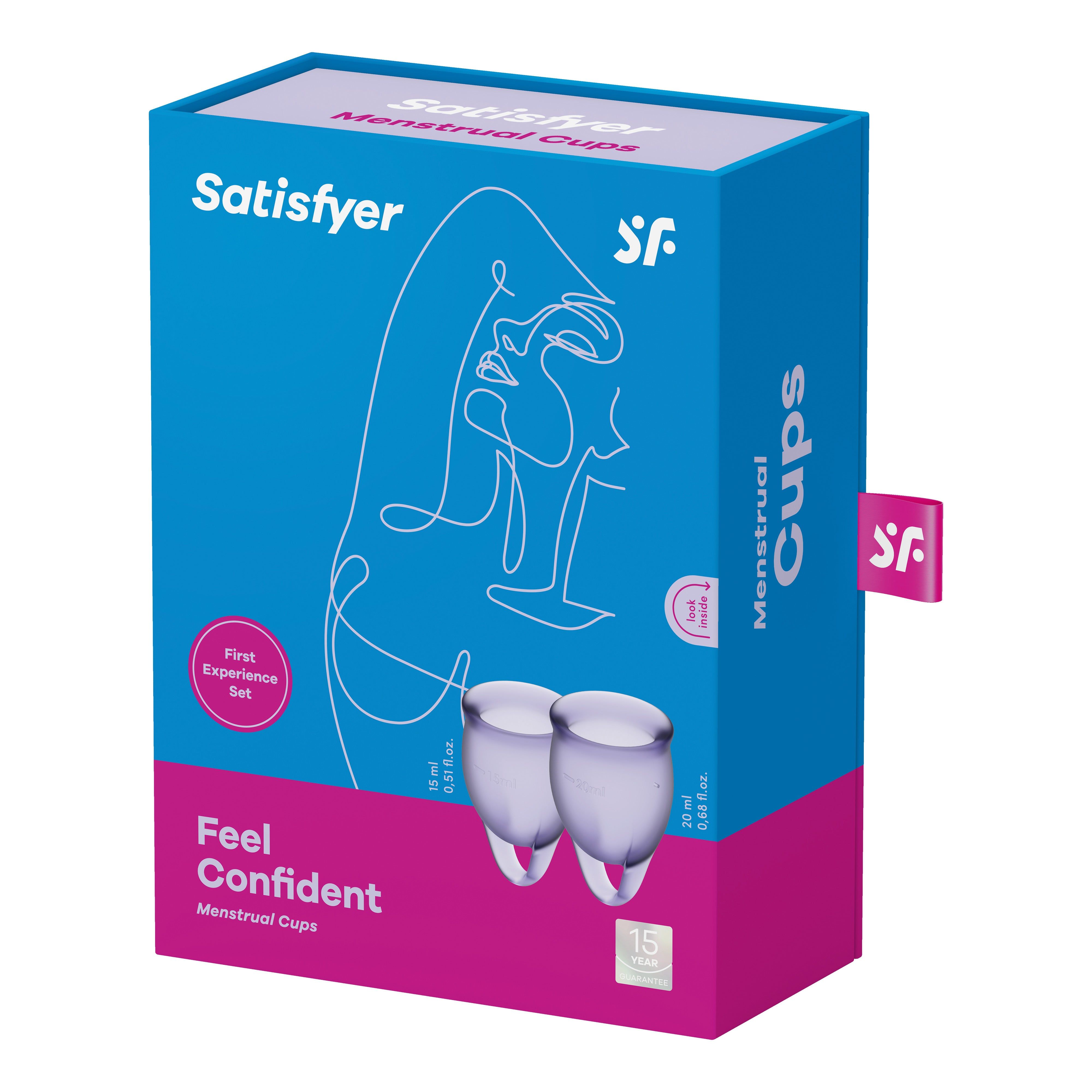 Confezione di coppette mestruali Satisfyer. Scatola blu con immagine e testo del prodotto.