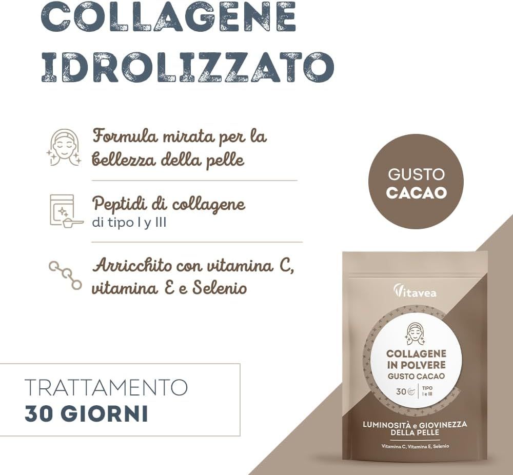 Busta beige di Vitavea Kollagenpulver al gusto cacao. 30 porzioni. Per la bellezza della pelle.