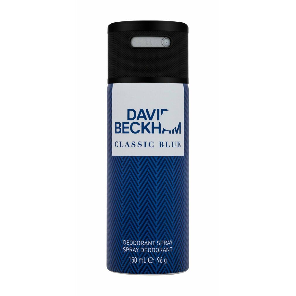Spray deodorante David Beckham Classic Blue. Flacone blu con tappo nero. Nome del prodotto e dettagli su etichetta bianca.