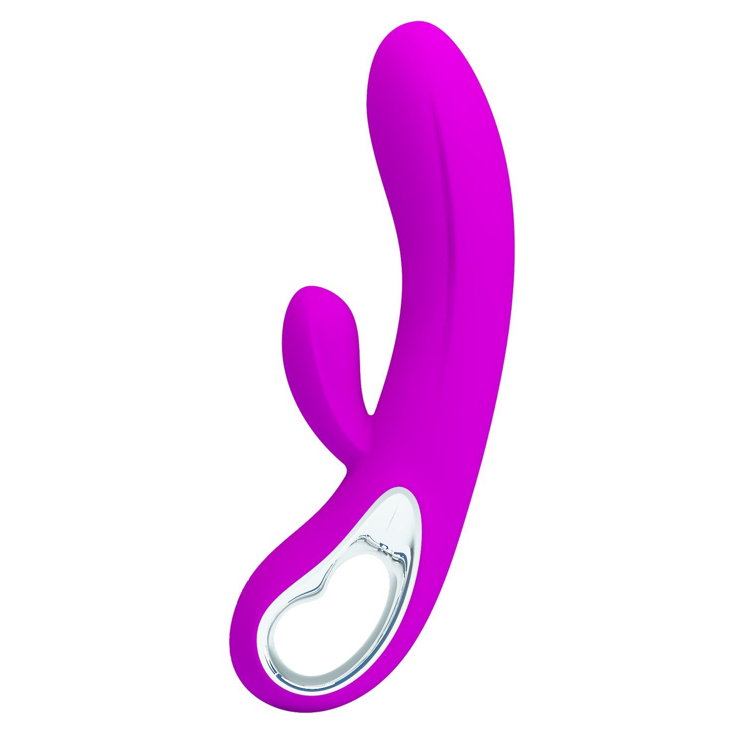 Vibratore viola a forma di U con sporgenza. Dettagli argentati. Sfondo bianco.