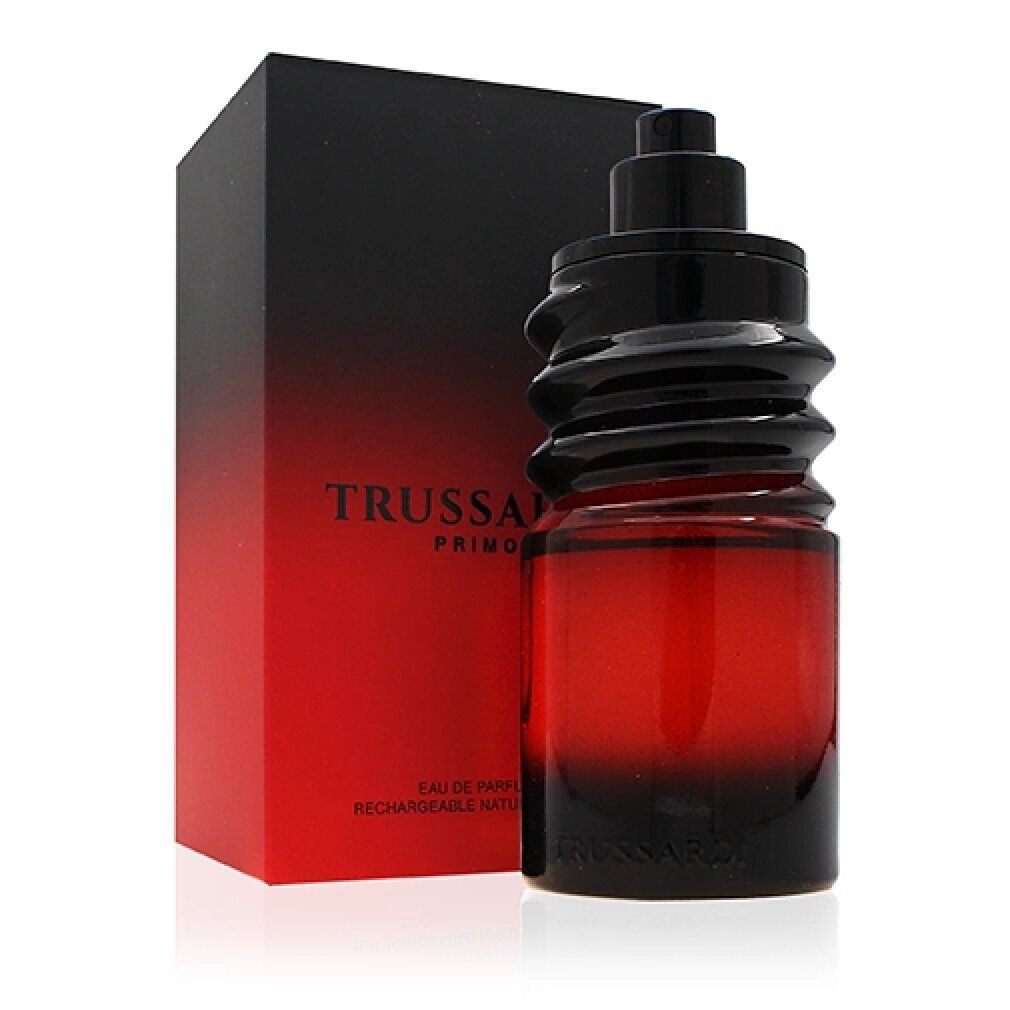 Flacone e confezione. Flacone cilindrico nero-rosso. Confezione nero-rossa con "TRUSSARDI PRIMO".
