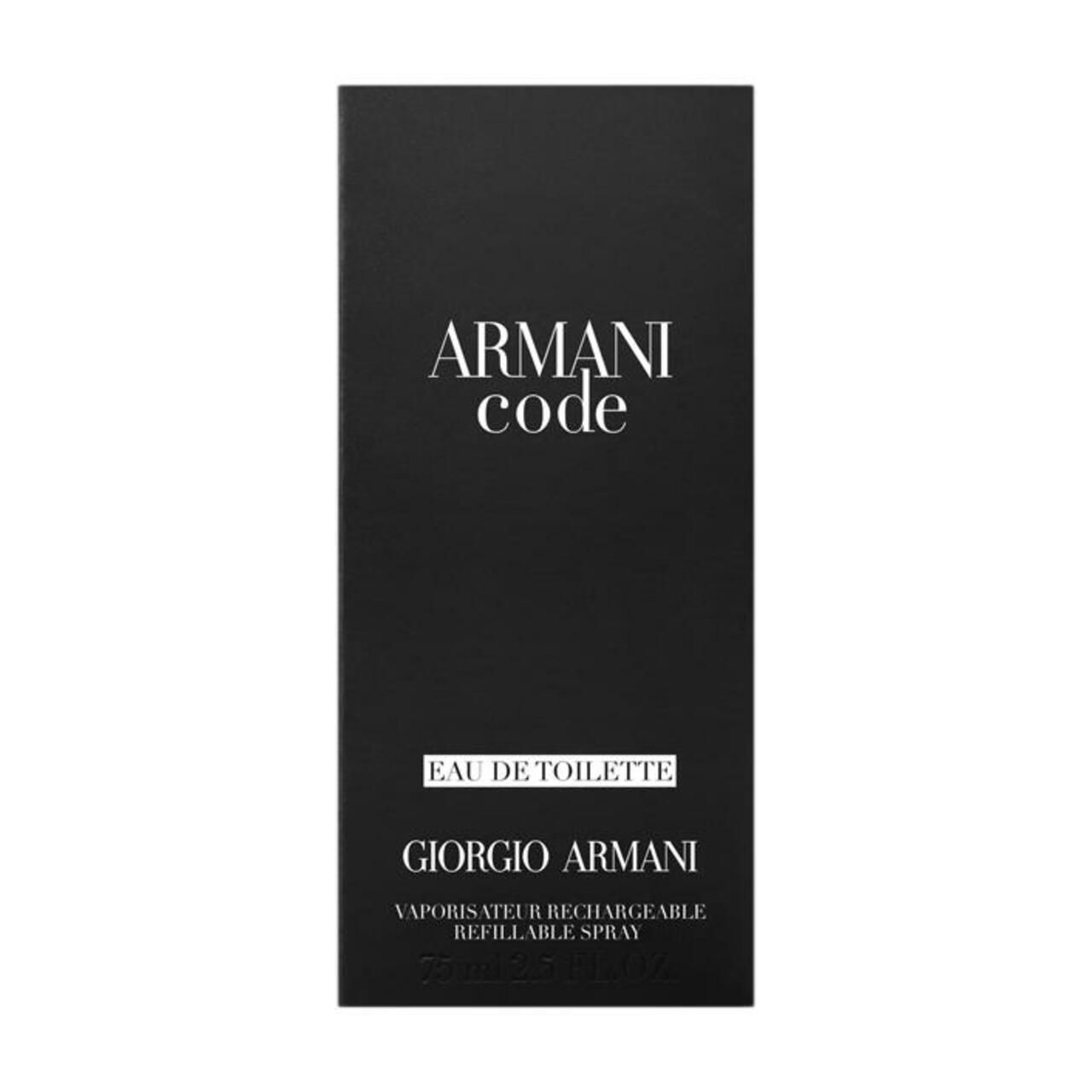 Scatola nera con scritta bianca: Armani Code Eau de Toilette. Giorgio Armani.