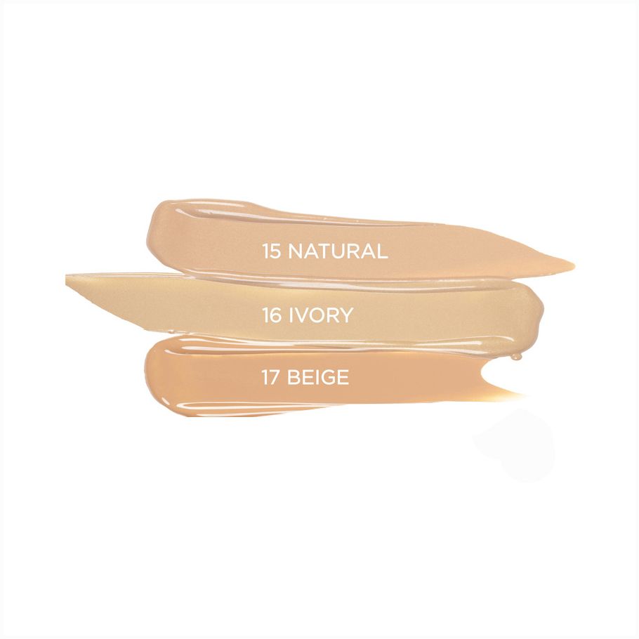 Tre campioni di correttore: 15 Natural, 16 Ivory, 17 Beige. Su sfondo bianco.