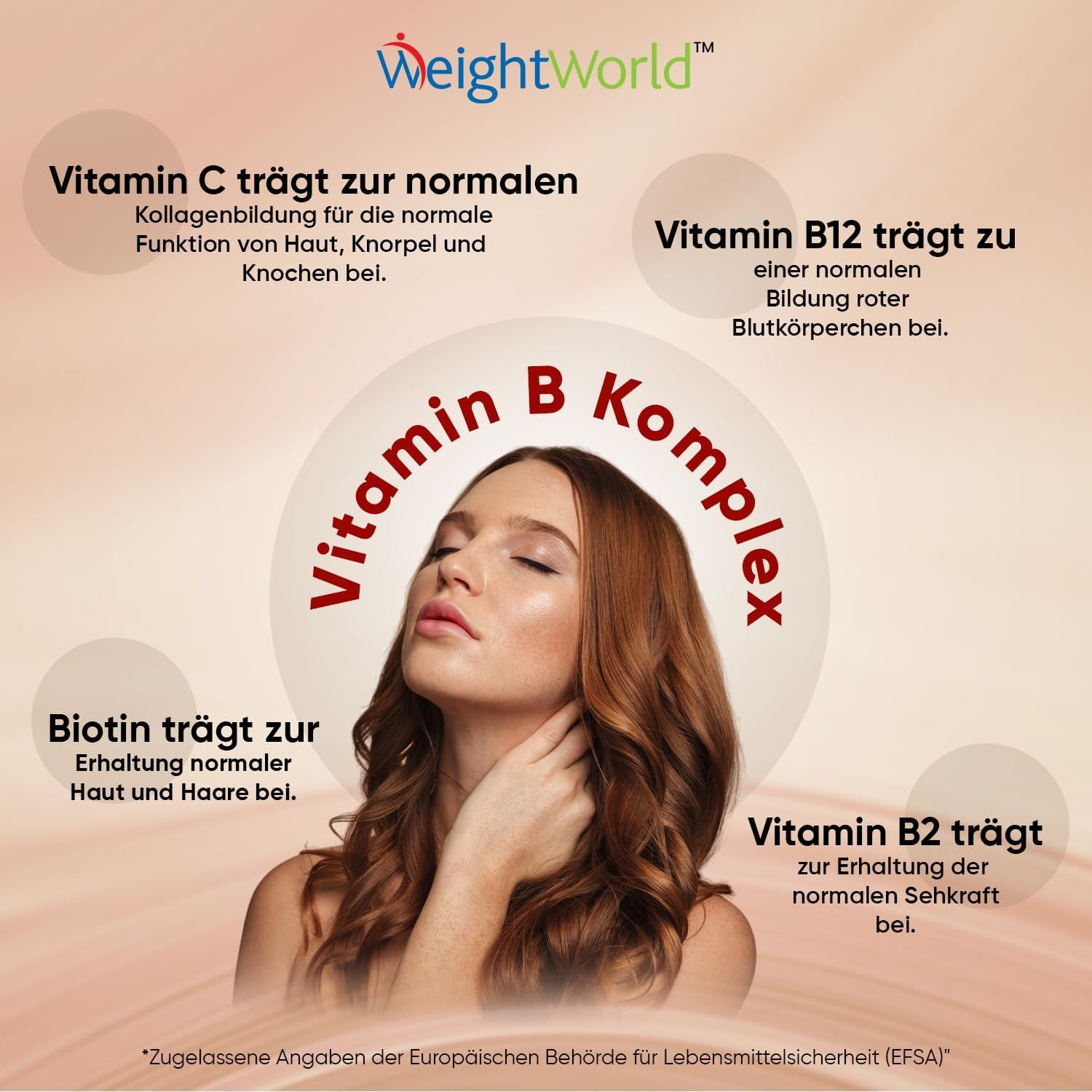 Donna con gli occhi chiusi. Testo: Vitamin B Komplex. Informazioni sugli effetti delle vitamine su pelle, ossa e globuli rossi.