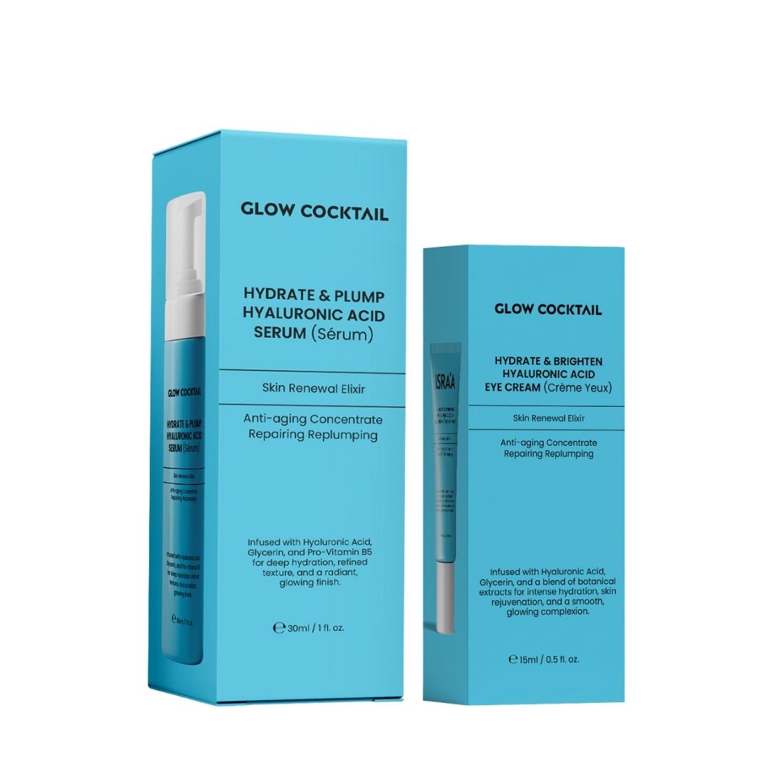 Siero all'acido ialuronico e crema contorno occhi Glow Cocktail in confezione.