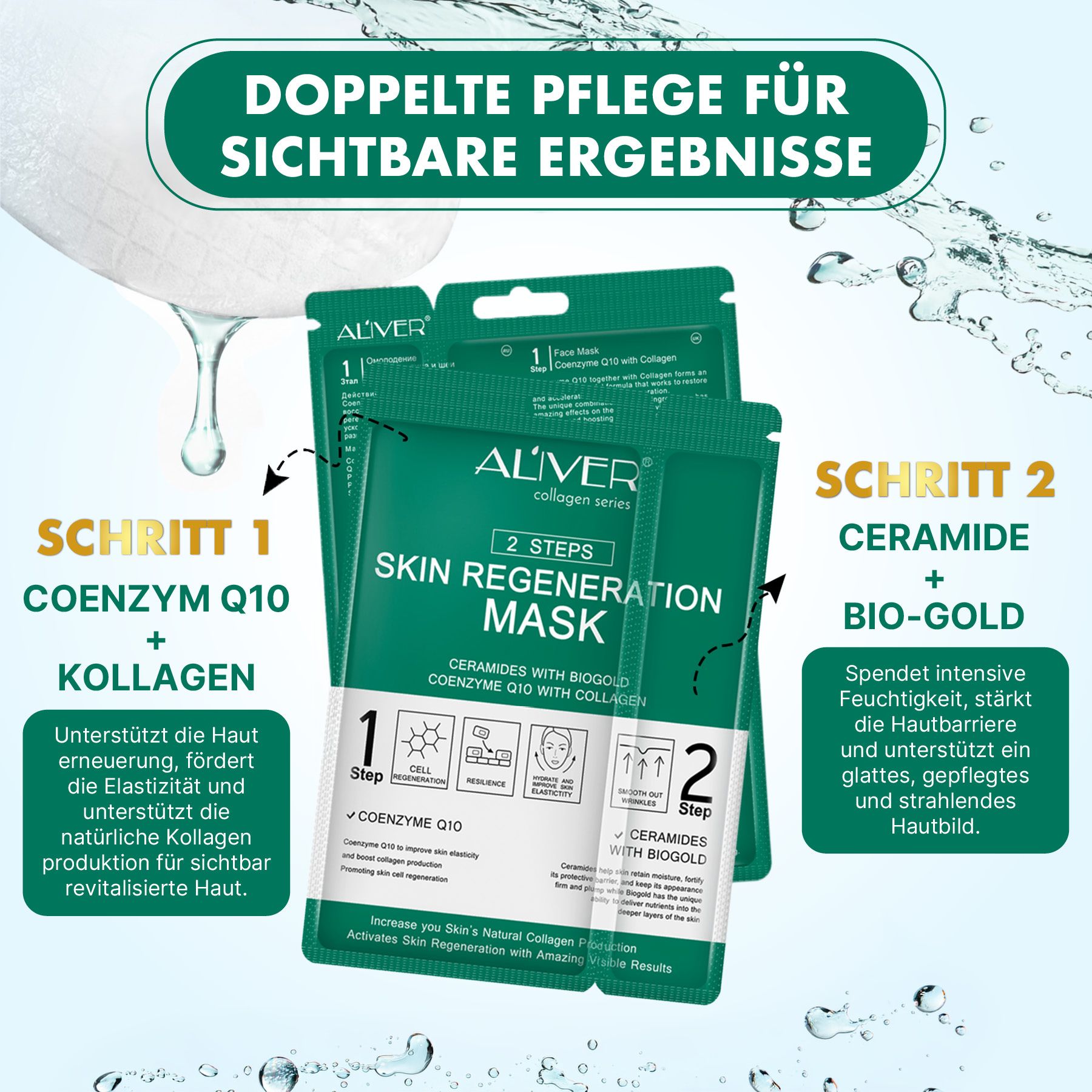 ALIVER Sistema di maschere viso anti-età in 2 fasi con collagene e coenzima Q10
