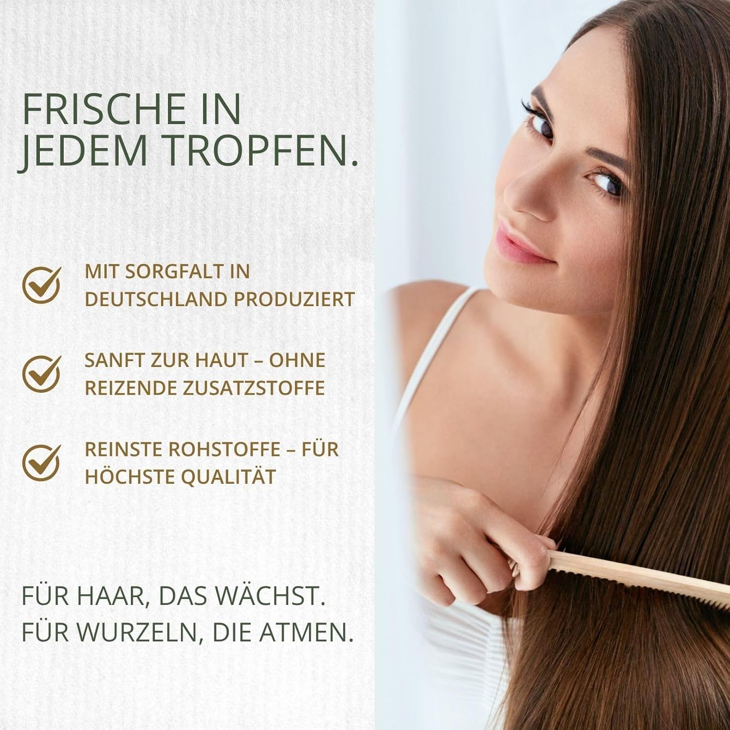 Donna che si pettina i capelli. Testo: Freschezza in ogni goccia. Testo: Prodotto con cura in Germania, delicato sulla pelle.