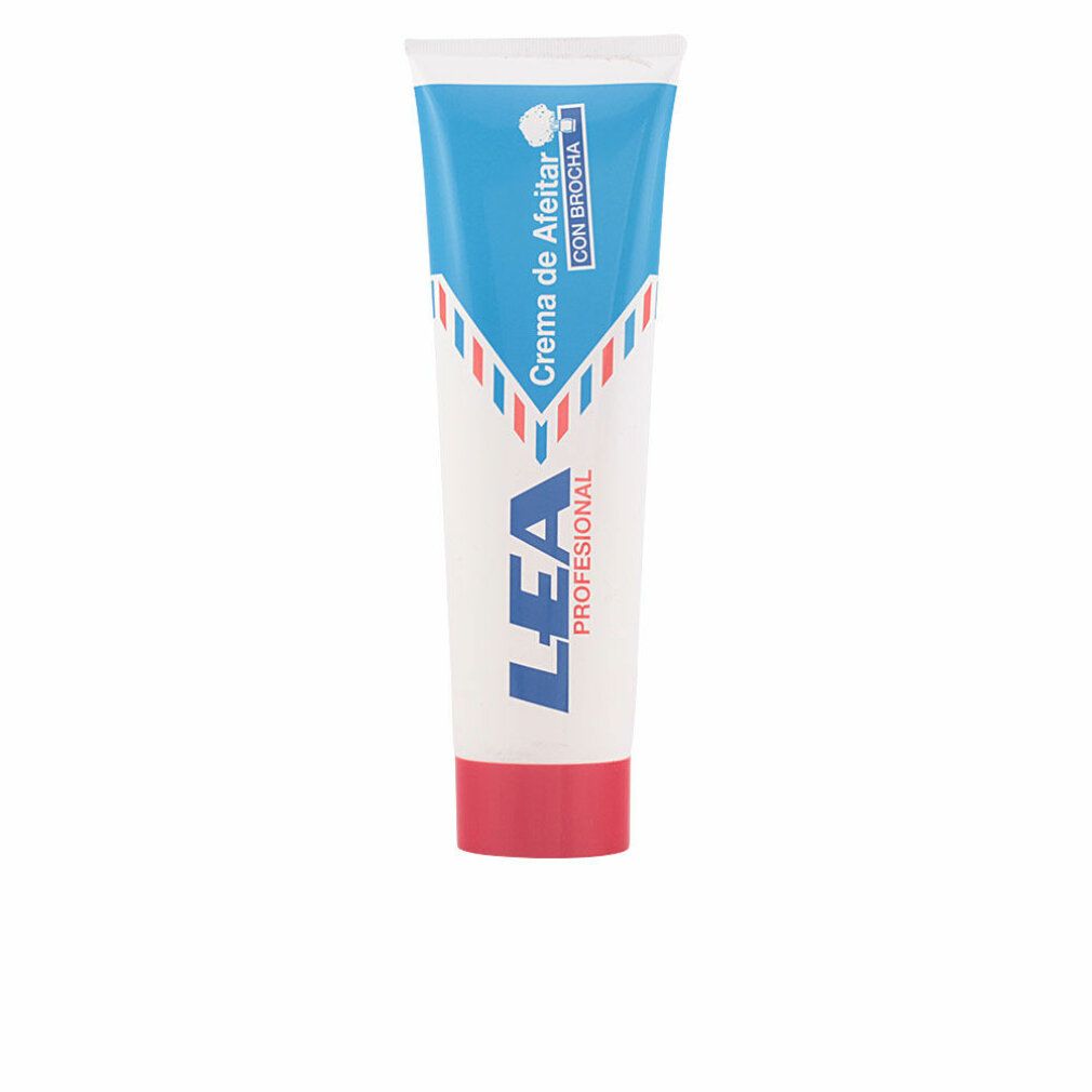 Tubo bianco con design blu e rosso. Testo: "LEA PROFESIONAL", "Crema de Afeitar".