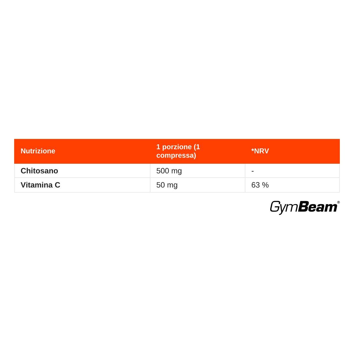 Tabella nutrizionale GymBeam Chitosano: 500 mg di Chitosano e 50 mg di Vitamina C per porzione (1 compressa).