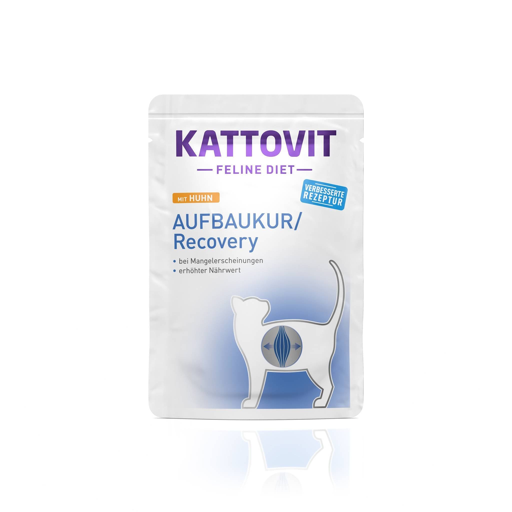 Busta bianca con logo KATTOVIT e testo. Stampa: Aufbaukur/Recovery, Pollo. Silhouette di gatto con design blu.