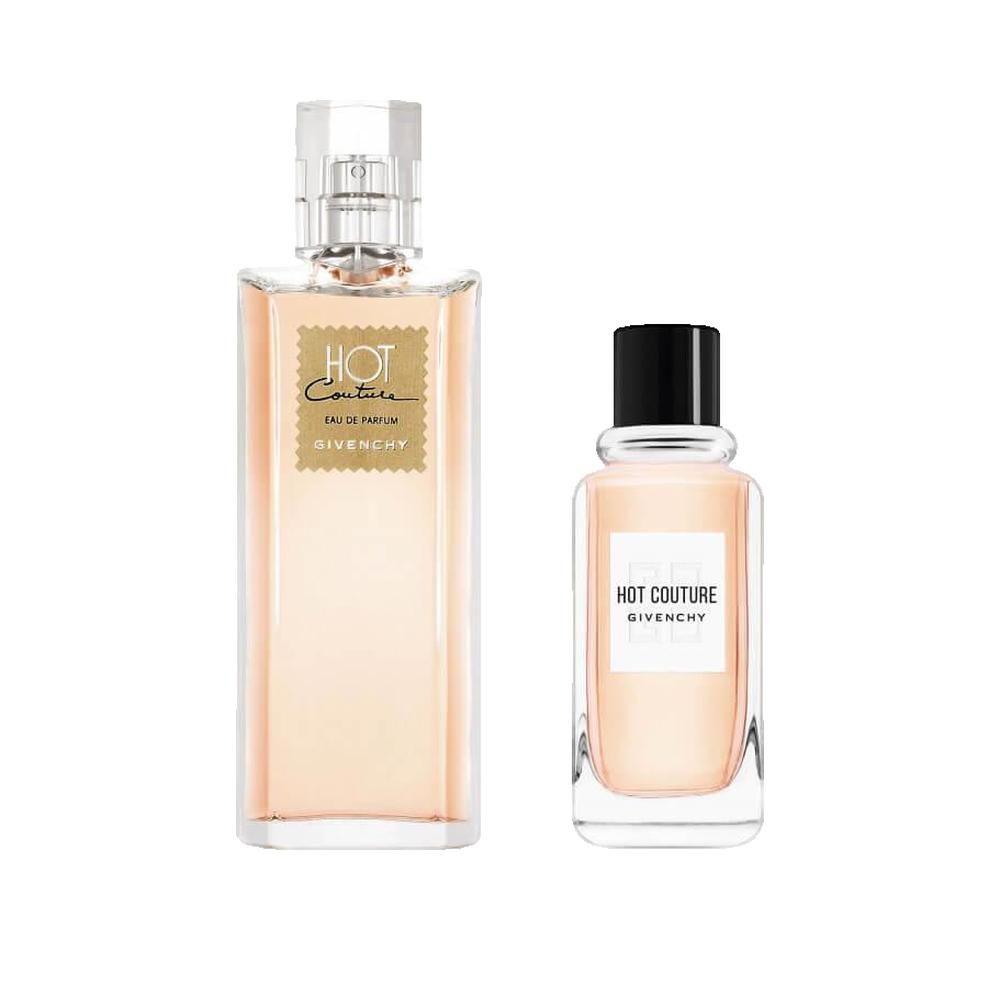 Due flaconi Givenchy Hot Couture. Uno alto, uno piccolo. Entrambi con scritta Hot Couture e Givenchy. Tappi trasparenti.