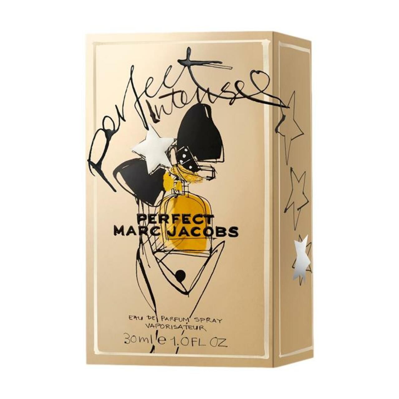 Confezione con scritta: Perfect Marc Jacobs Intense. Confezione dorata con illustrazione e stelle. 30ml 1.0FL OZ.