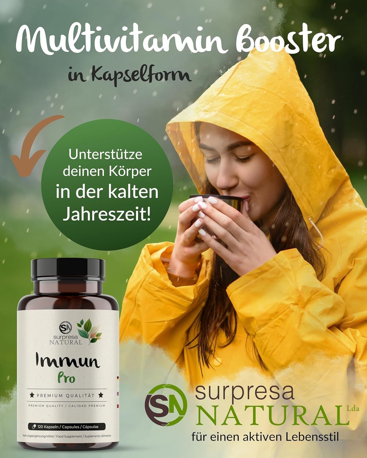 Donna che beve tè, accanto a un flacone Surpresa Natural Immun Pro. Testo: Booster multivitaminico in capsule.