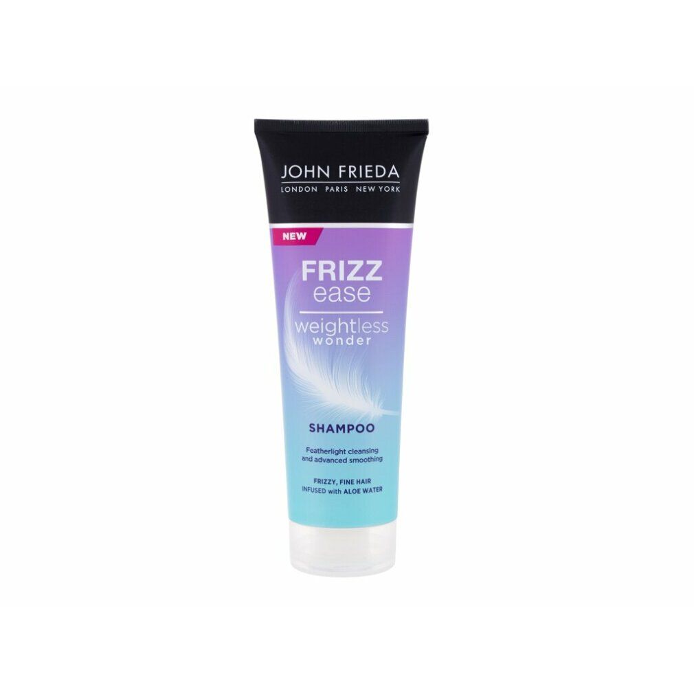 Tubo shampoo Frizz Ease Weightless Wonder. Tappo nero, sfumatura viola-blu, illustrazione piuma. Testo: Shampoo, per capelli fini.