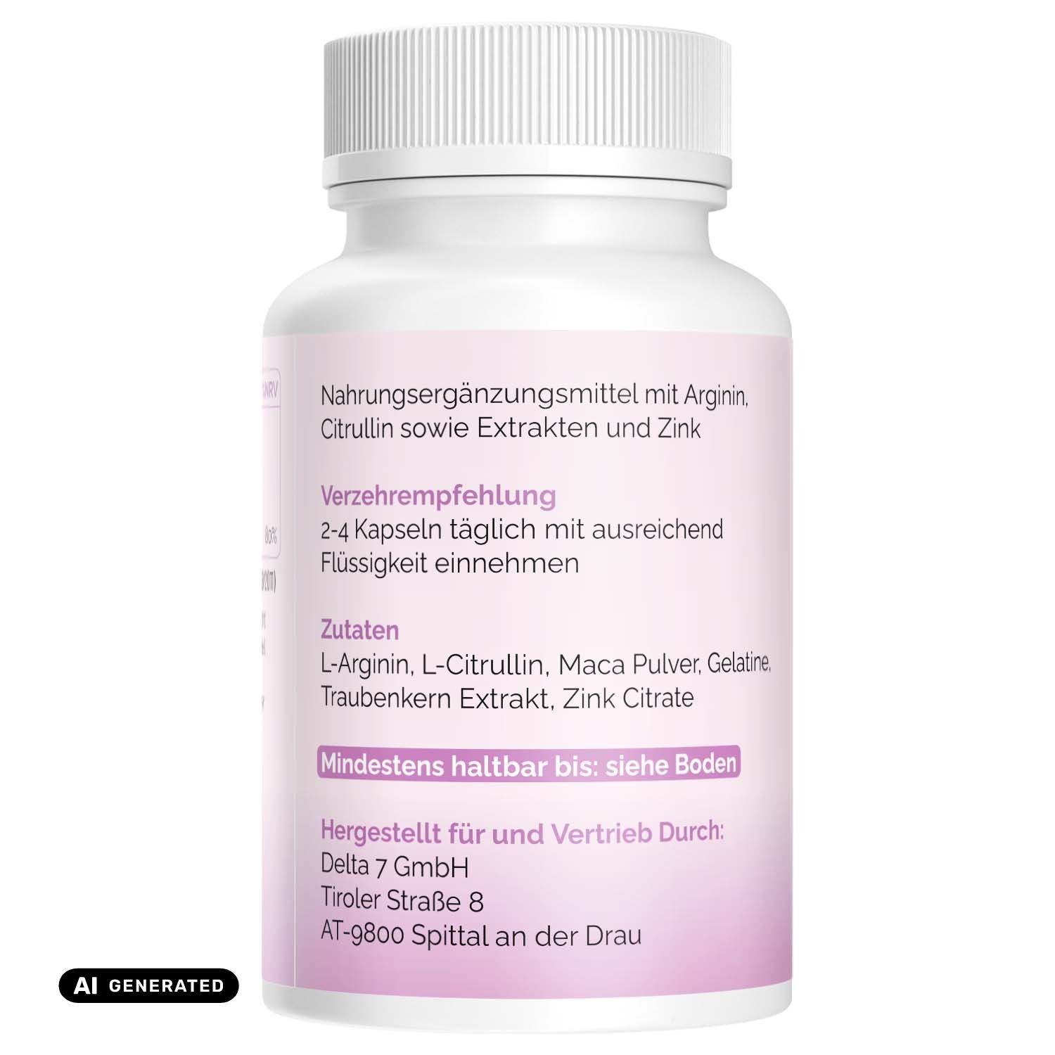 Flacone di capsule, retro con informazioni sugli ingredienti come arginina, citrullina, estratti e zinco. Contiene 60 capsule.