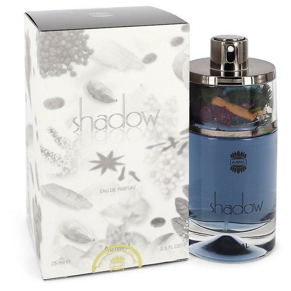 Flacone di profumo e confezione. Flacone con scritta "shadow". Confezione con motivi floreali e scritta "shadow".