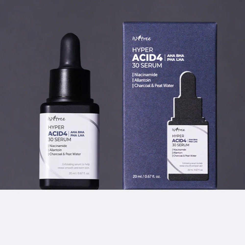 Flacone di siero e confezione. Scritta: ISNTREE Hyper Acid4 30 Serum. Contiene AHA, BHA, PHA, LHA. Sfondo nero.