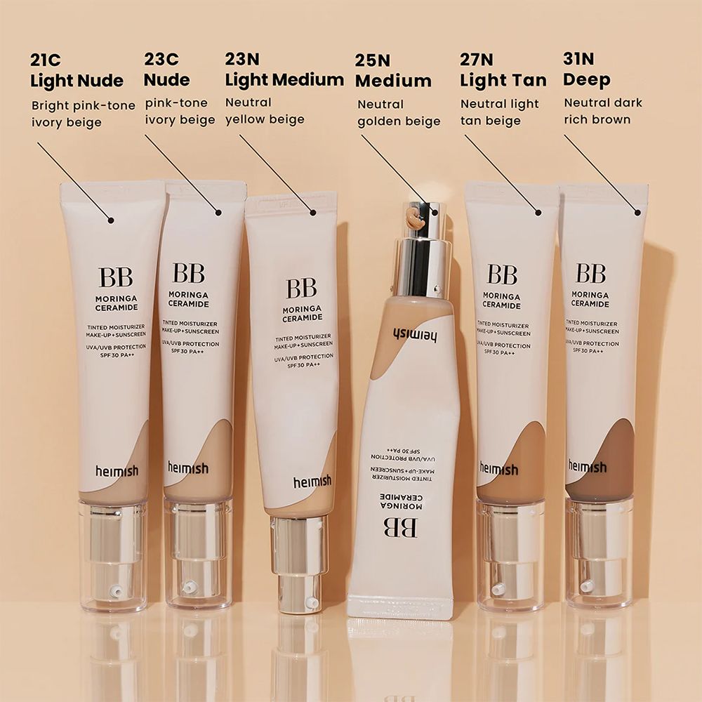 Sei BB cream BB Moringa Ceramide in diverse tonalità, allineate una accanto all'altra.