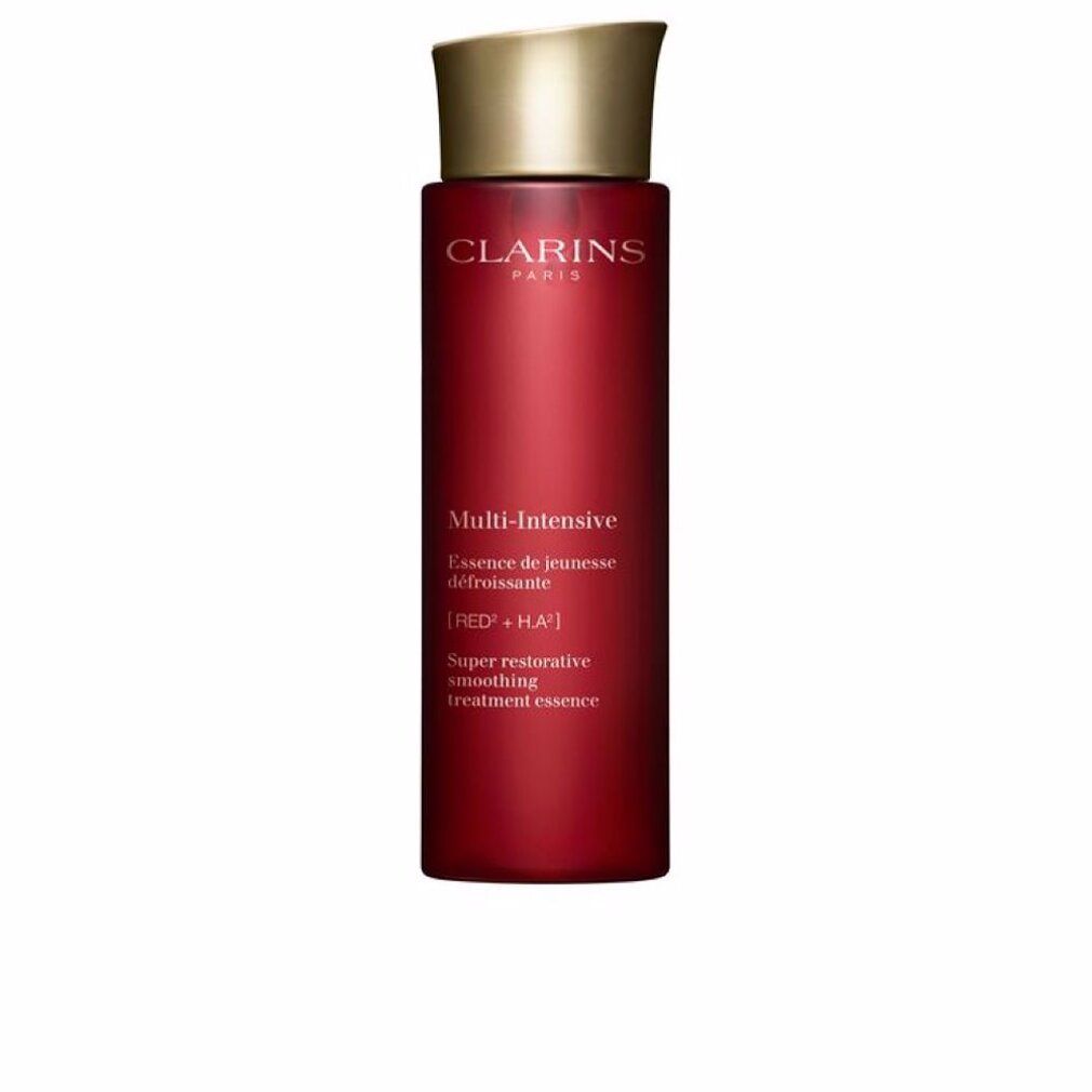 Flacone rosso con tappo dorato. Scritte: CLARINS PARIS, Multi-Intensive, Essence de jeunesse défroissante.