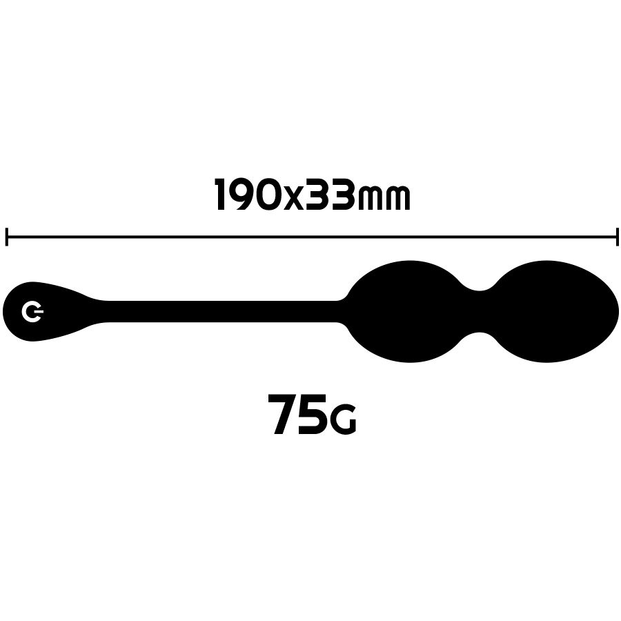 Disegno a silhouette delle sfere vaginali con dimensioni 190x33mm e peso 75g.