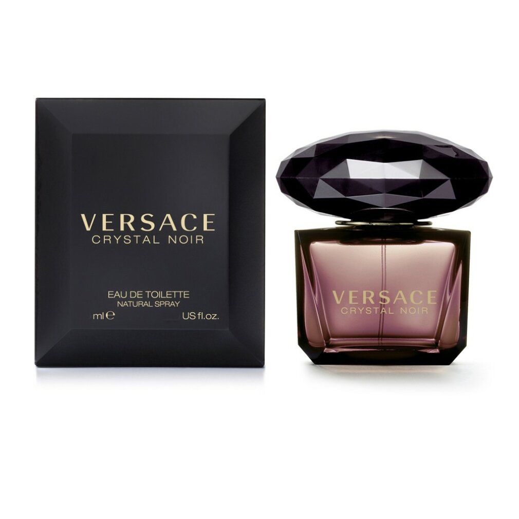 Versace Crystal Noir Eau de Toilette Spray. Scatola e flacone neri. Flacone con tappo scuro. Scritta: Versace Crystal Noir.