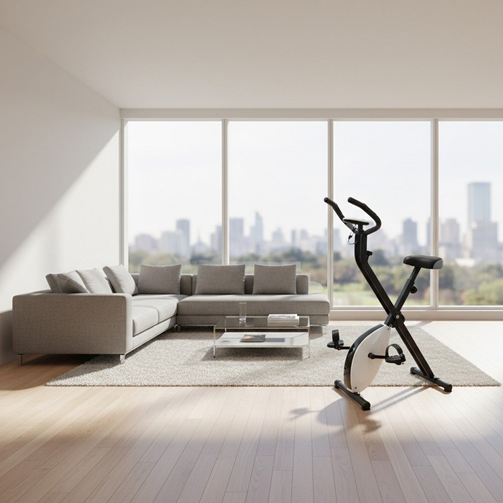 Cylette in un soggiorno. Telaio nero, elemento bianco. Davanti a una finestra.