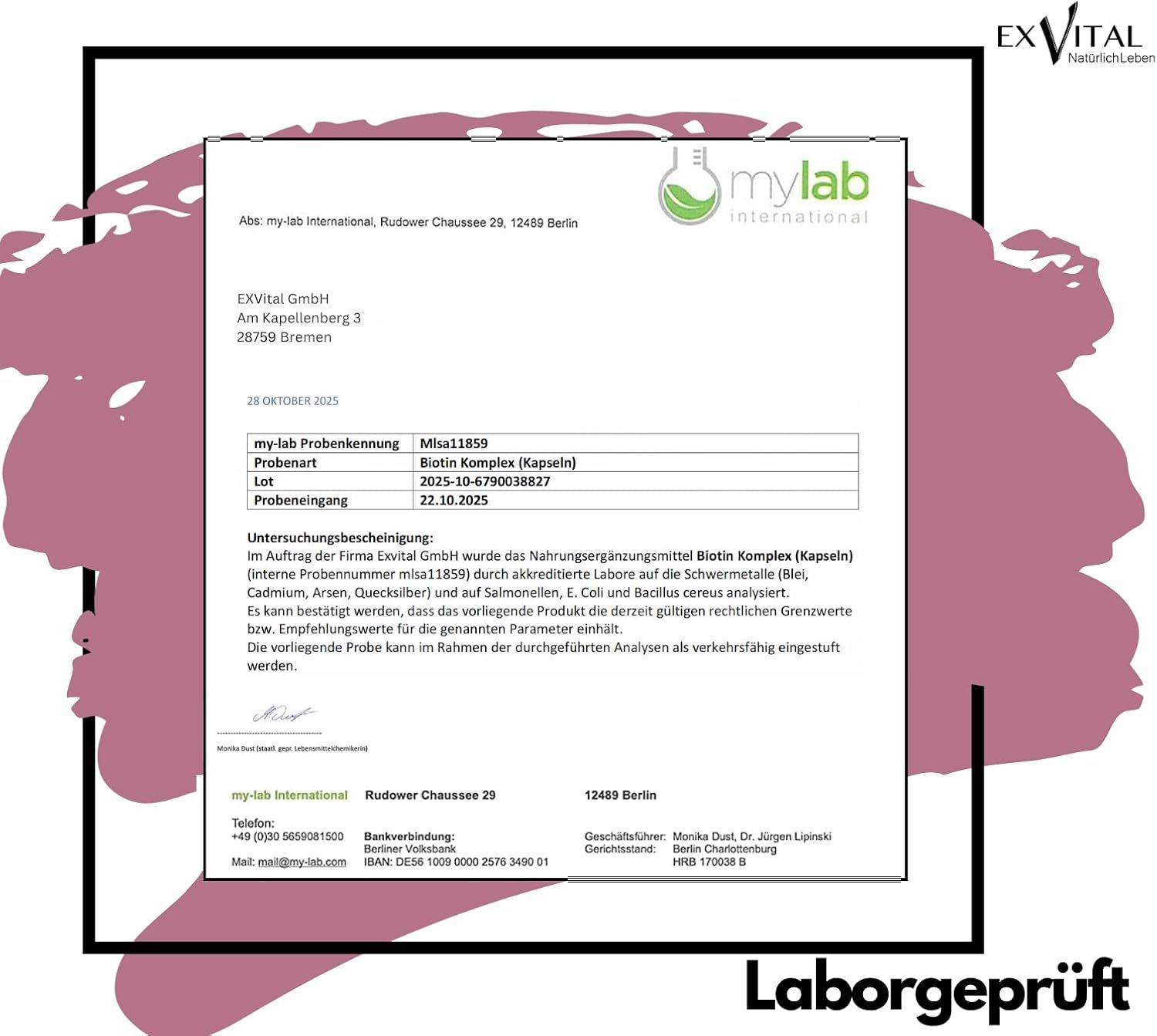 Rapporto di laboratorio di my-lab International. Prodotto: Biotin Komplex (capsule). Analisi di metalli pesanti, E. coli e Bacillus cereus.