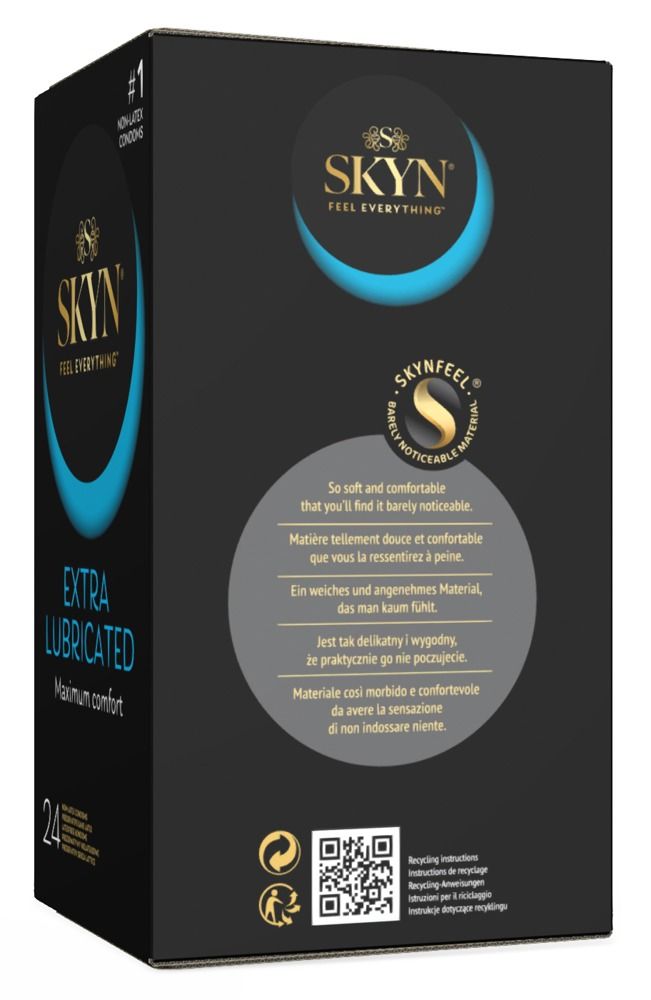 Scatola nera. SKYN Extra Lubricated. 24 preservativi. #1 preservativi senza lattice. Materiale SKYNFEEL. Simbolo riciclo.