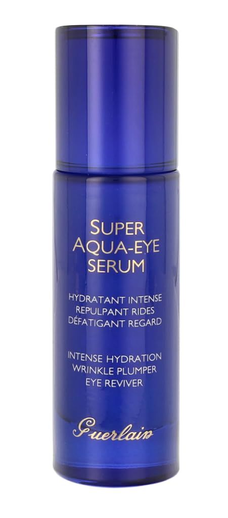 Flacone di siero blu. Scritta: Super Aqua-Eye Serum, Hydratant Intense, Repulpant Rides, Défatigant Regard. Marchio: Guerlain.