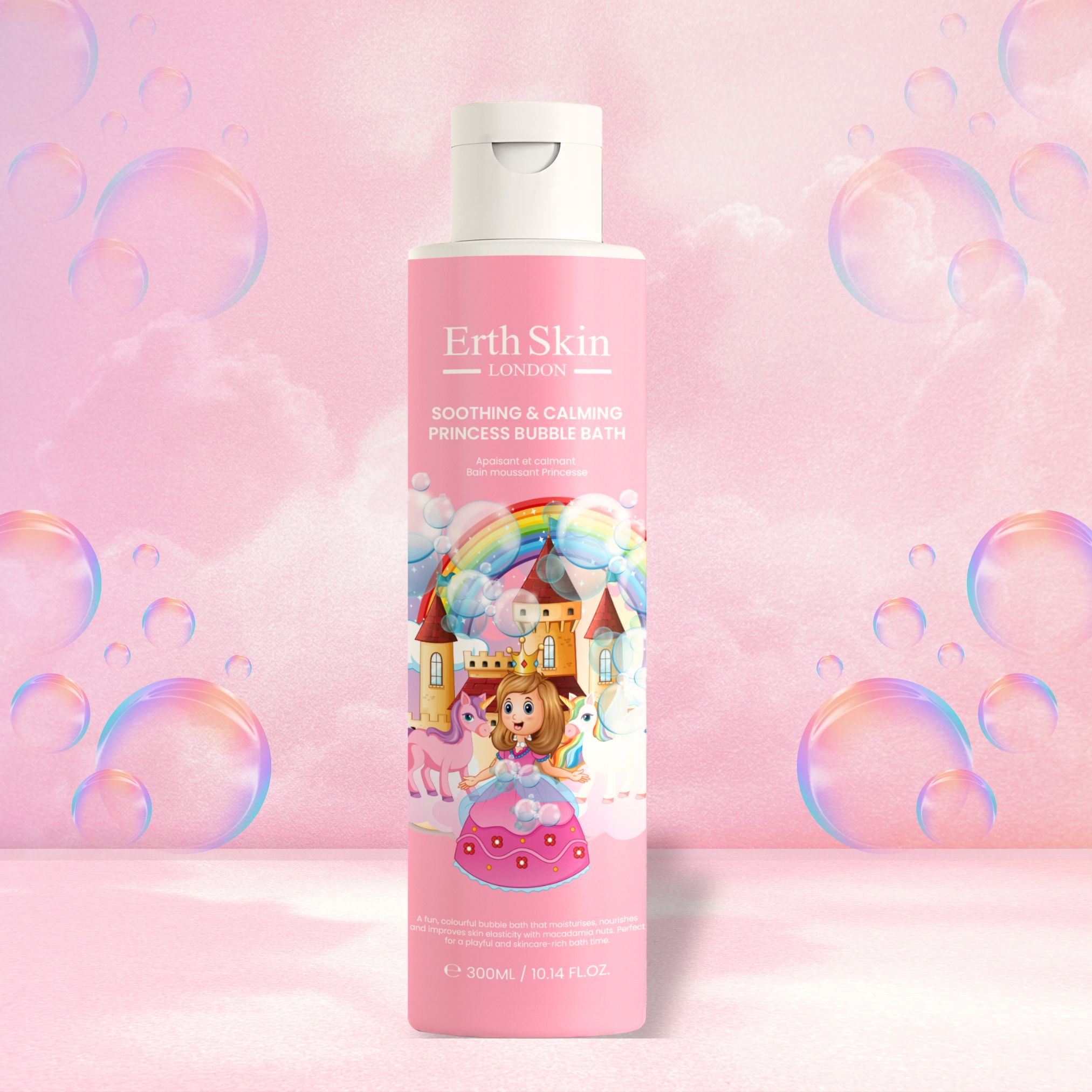 Flacone Erth Skin London Princess Bubble Bath con motivo principessa e arcobaleno.