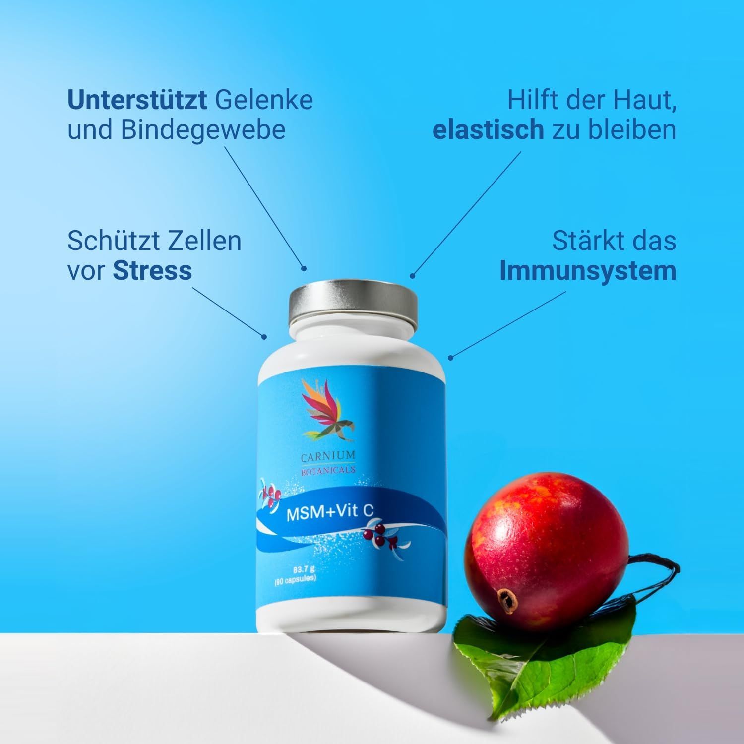 Flacone "MSM+Vit C" con testi: articolazioni, pelle, sistema immunitario, stress. Mela rossa.