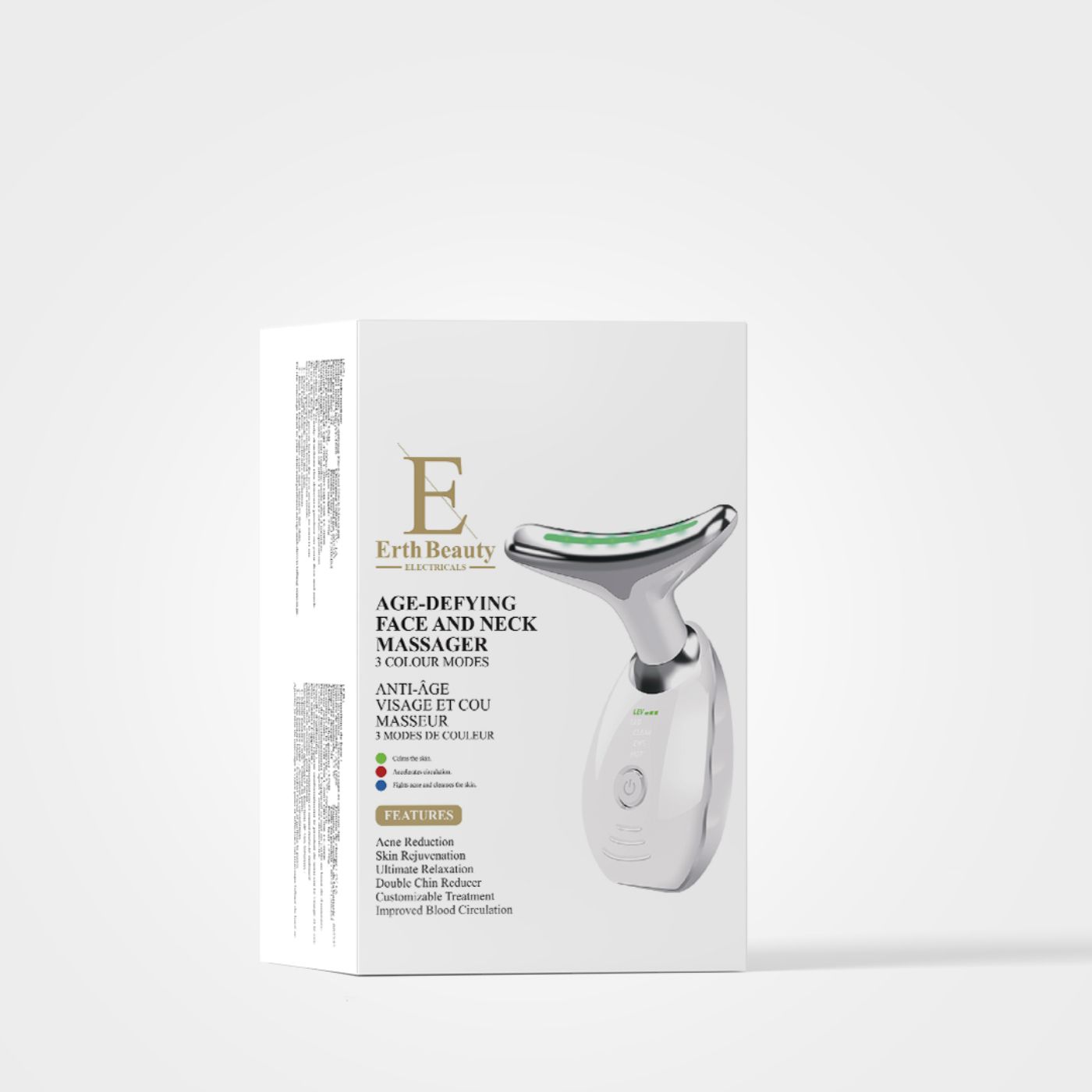 Massaggiatore viso e collo bianco in una confezione bianca. Sulla confezione si legge "Erth Beauty" e "Age-Defying Face and Neck Massager".